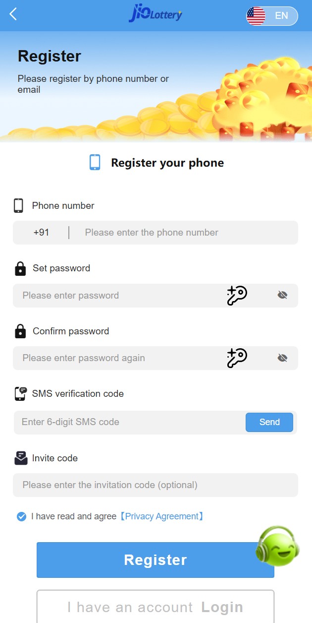 Jio Lottery registration page with mobile number password SMS verification and invitation code